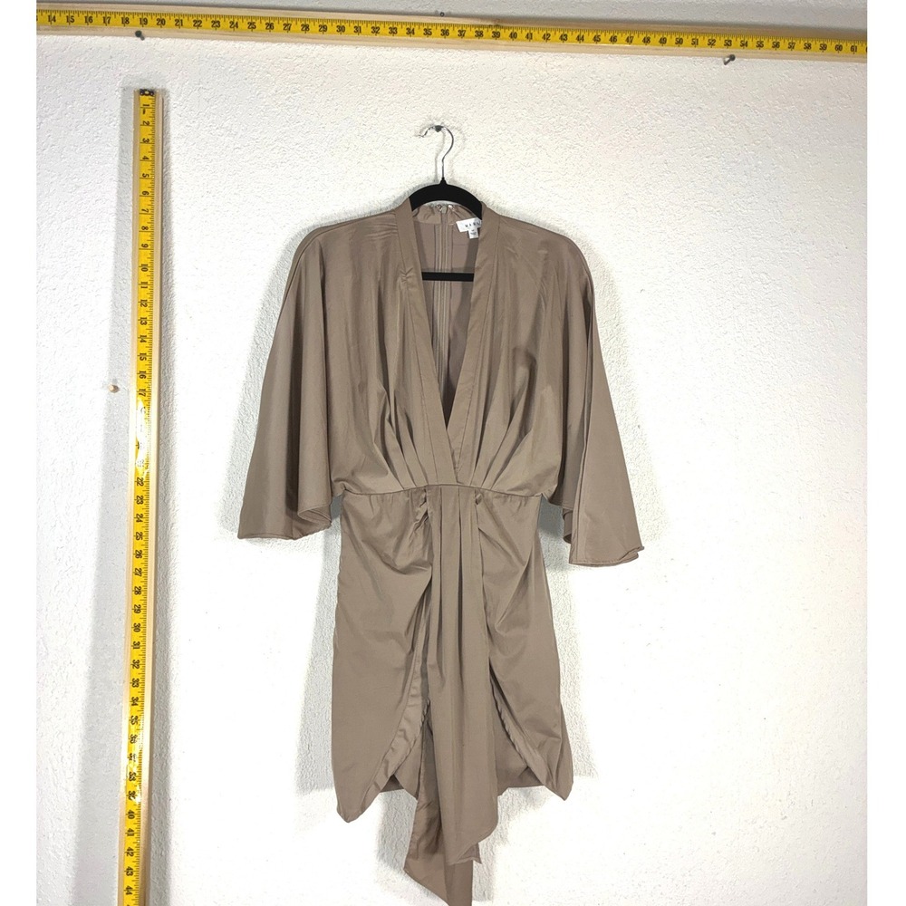 Mable Taupe Deep V-Neck Pleated Mini Dress Kimono Sleeve MD2942A Medium